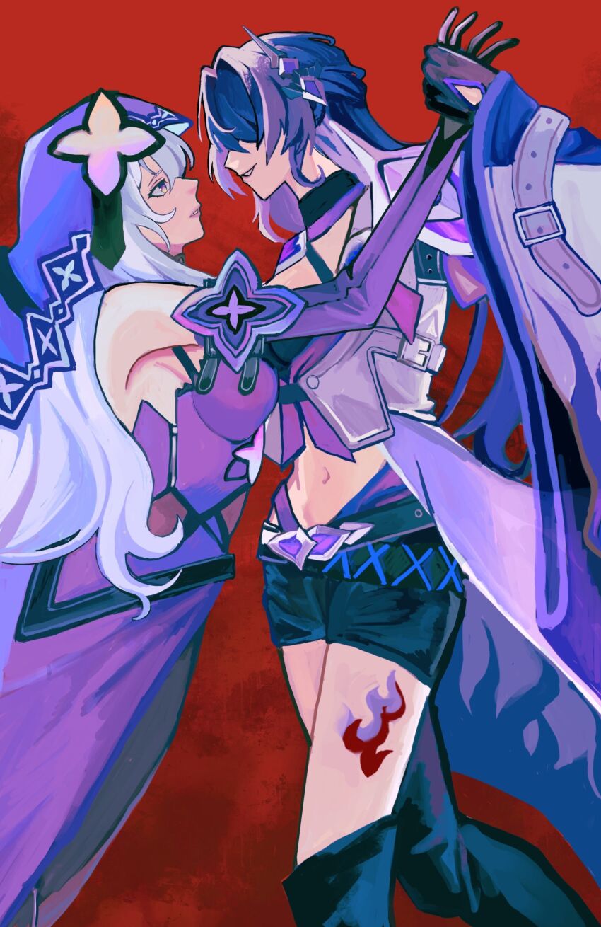 2girls, absurdres, acheron_(honkai:_star_rail), armor, bare_shoulders, black_gloves, black_shorts, black_swan_(honkai:_star_rail)