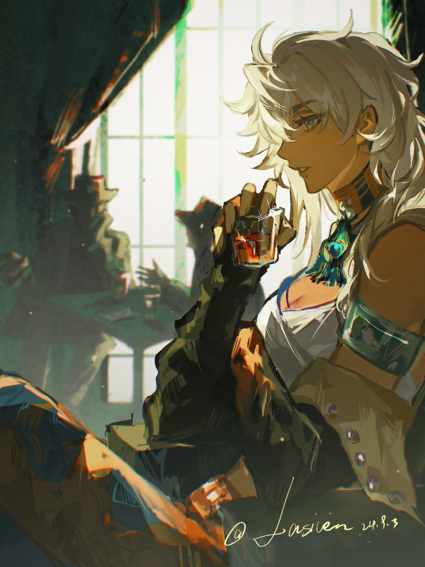 1girl, alcohol, argus_(reverse:1999), armlet, bare_shoulders, blonde_hair, breasts, cleavage, commentary, crossed_legs, cup, curtains, english_commentary, from_side, gloves, green_eyes, highres, holding, holding_cup, jewelry, lasiven, long_hair, reverse:1999, sitting, solo, tank_top, twitter_username, white_tank_top, window