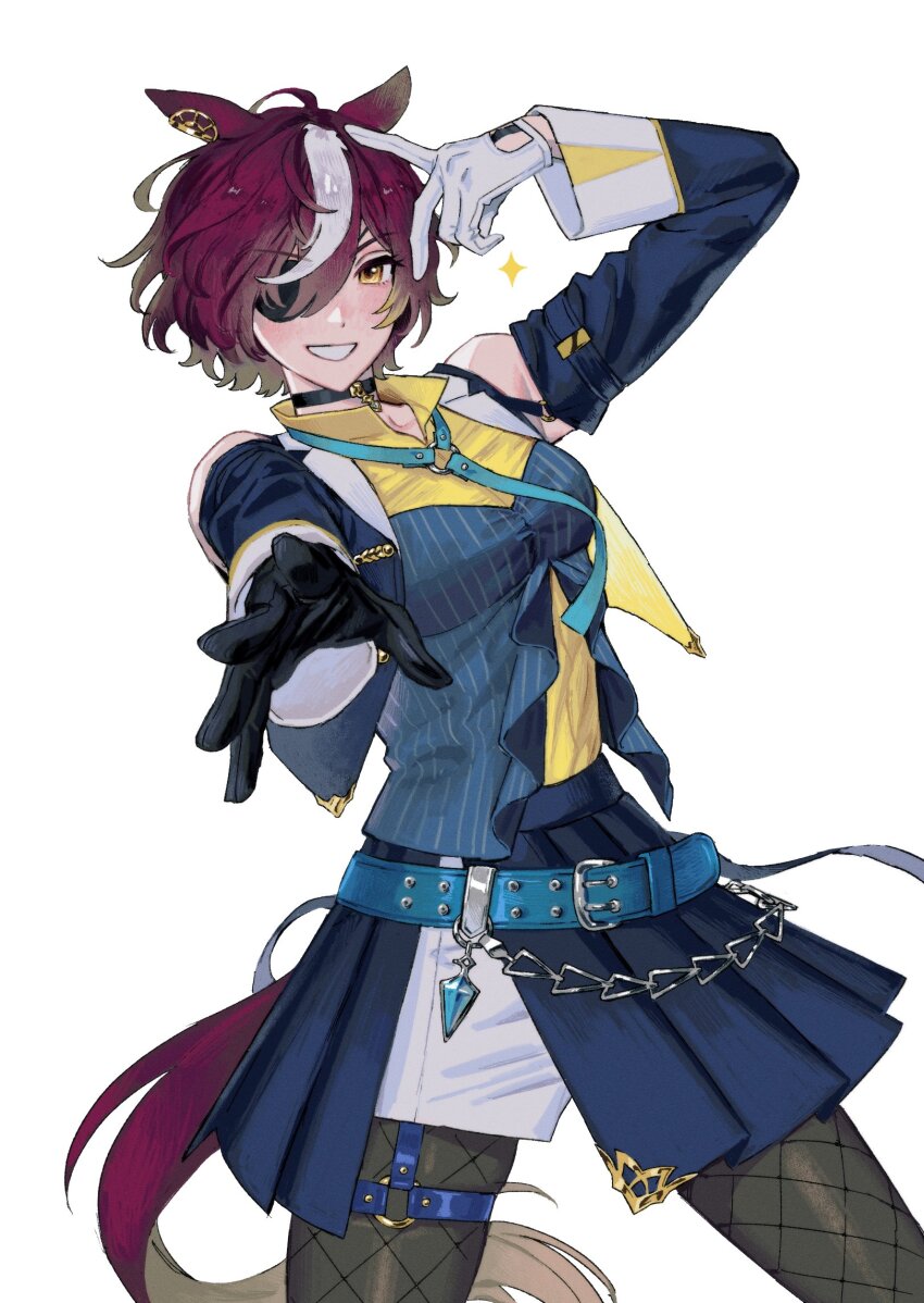 1girl, 35684187031, animal_ears, asymmetrical_gloves, black_gloves, brown_hair, ear_ornament, eyepatch