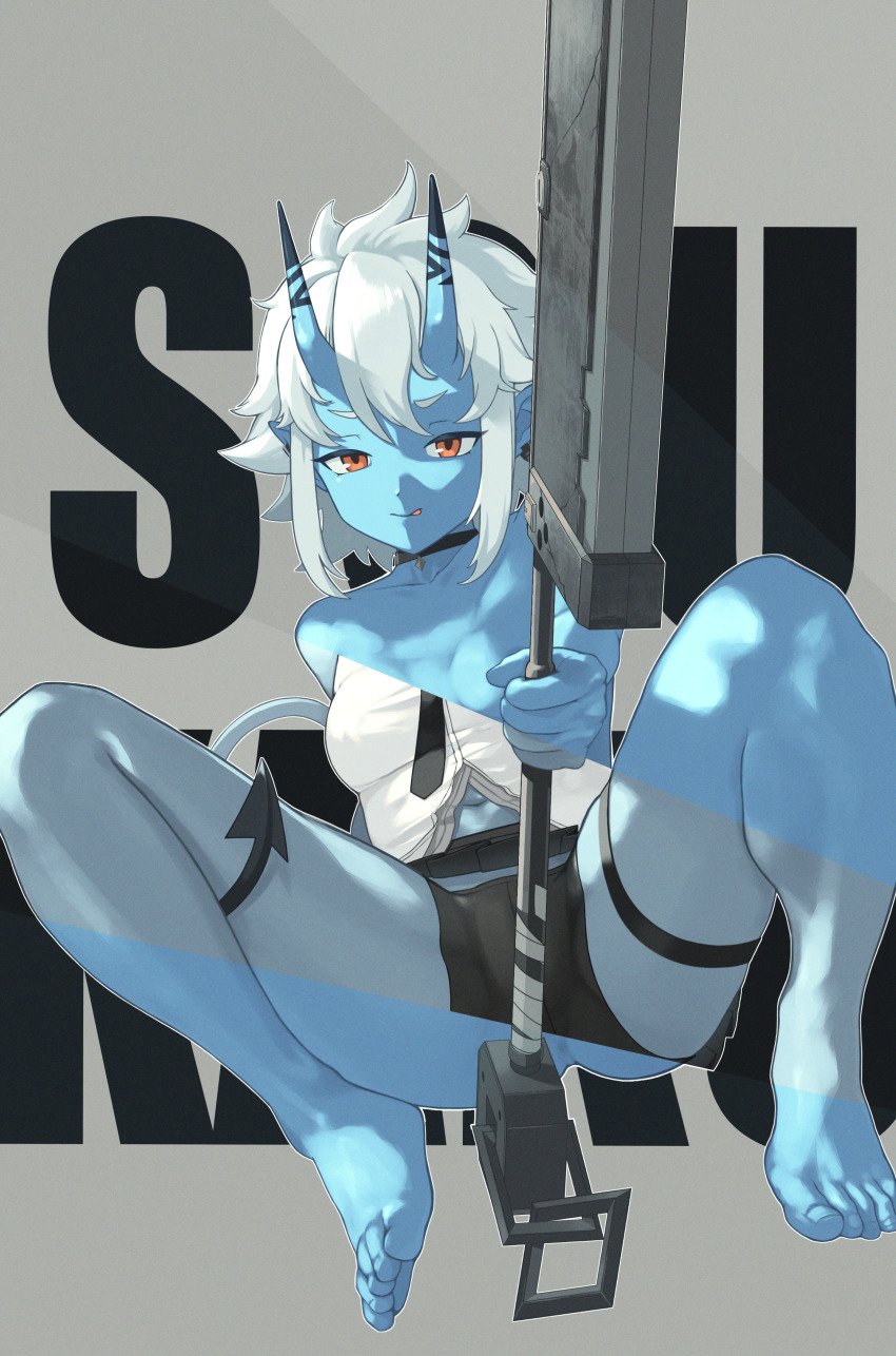 1girl, absurdres, barefoot, black_necktie, blue_skin, colored_skin, demon_tail, highres