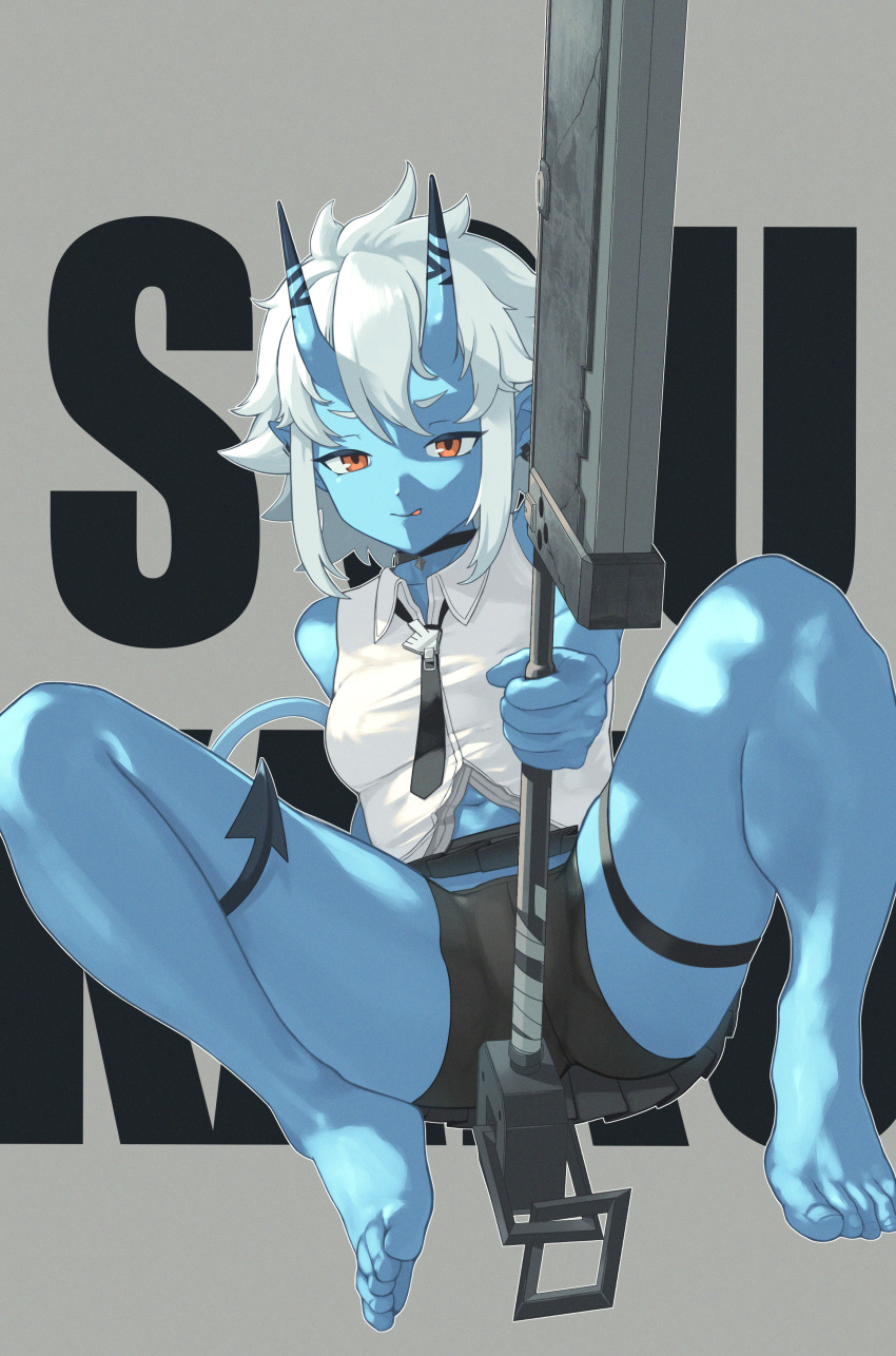 1girl, absurdres, black_necktie, blue_skin, colored_skin, demon_tail, highres, horns