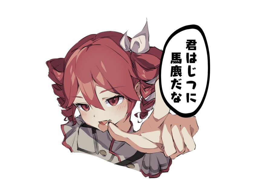 1girl, blush, bow, buttons, double-breasted, double-parted_bangs, drill_hair, grey_jacket