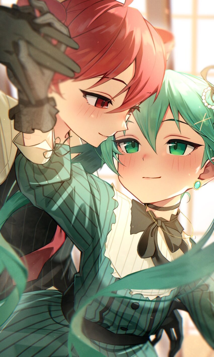 ahoge, alternate_costume, aqua_eyes, aqua_hair, arm_up, black_bow, black_bowtie, black_choker