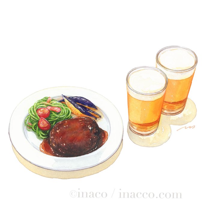 alcohol, artist_name, beer, commentary_request, cup, drinking_glass, food, food_focus, hamburger_steak, inaco, meat, no_humans, original, painting_(medium), plate, signature, simple_background, still_life, traditional_media, vegetable, watercolor_(medium), white_background