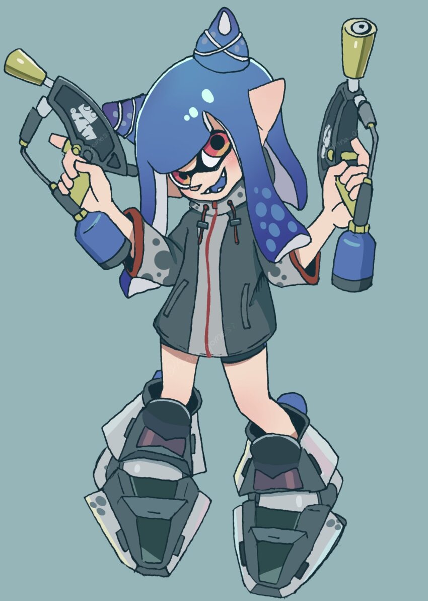 1girl, anna_gomesi, big_man_(splatoon), big_man_(splatoon)_(cosplay), blue_background, blue_hair, commentary_request, cosplay