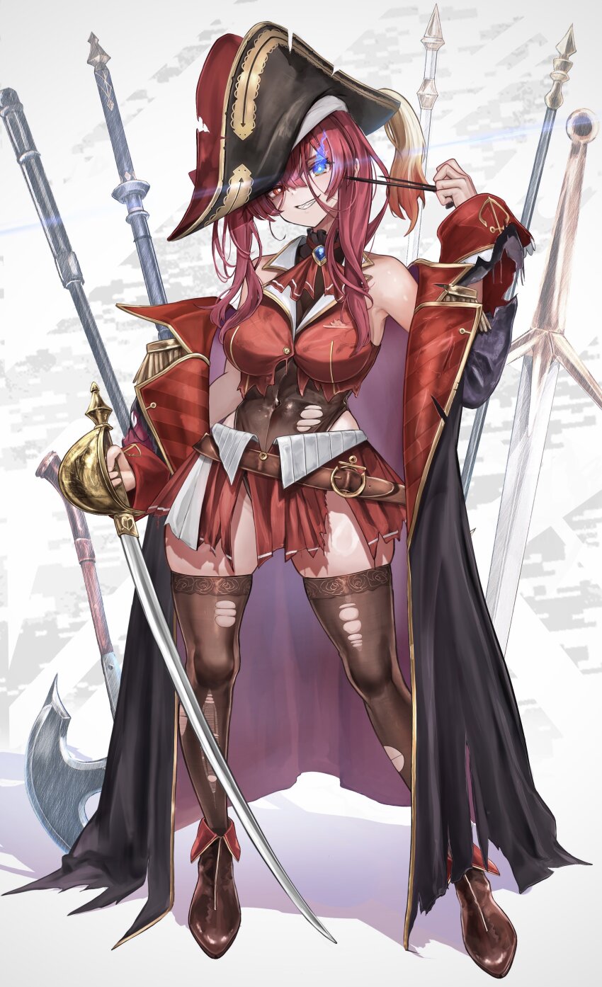 1girl, absurdres, bare_shoulders, black_boots, black_coat, black_hat, black_leotard, black_thighhighs