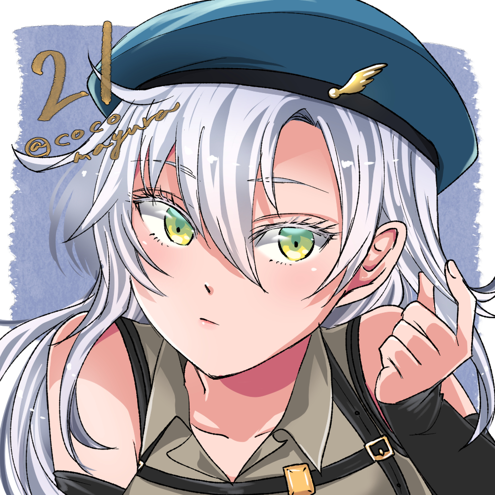 1girl, asymmetrical_bangs, blue_background, blue_hat, border, closed_mouth, collarbone, countdown, eiyuu_densetsu, eyelashes, fie_claussell, green_eyes, hair_between_eyes, hat, kai_no_kiseki, kuro_no_kiseki_(series), light_blush, mayu_(cocomayura), outside_border, parted_bangs, playing_with_own_hair, solo, upper_body, white_border, white_hair