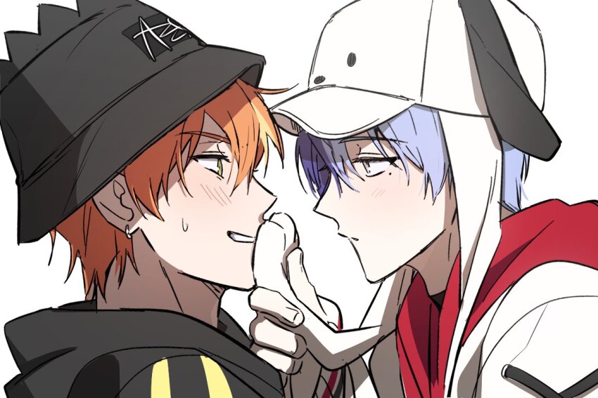 2boys, aoyagi_touya, arm_up, baseball_cap, black_hat, black_hoodie, blue_hair, blush