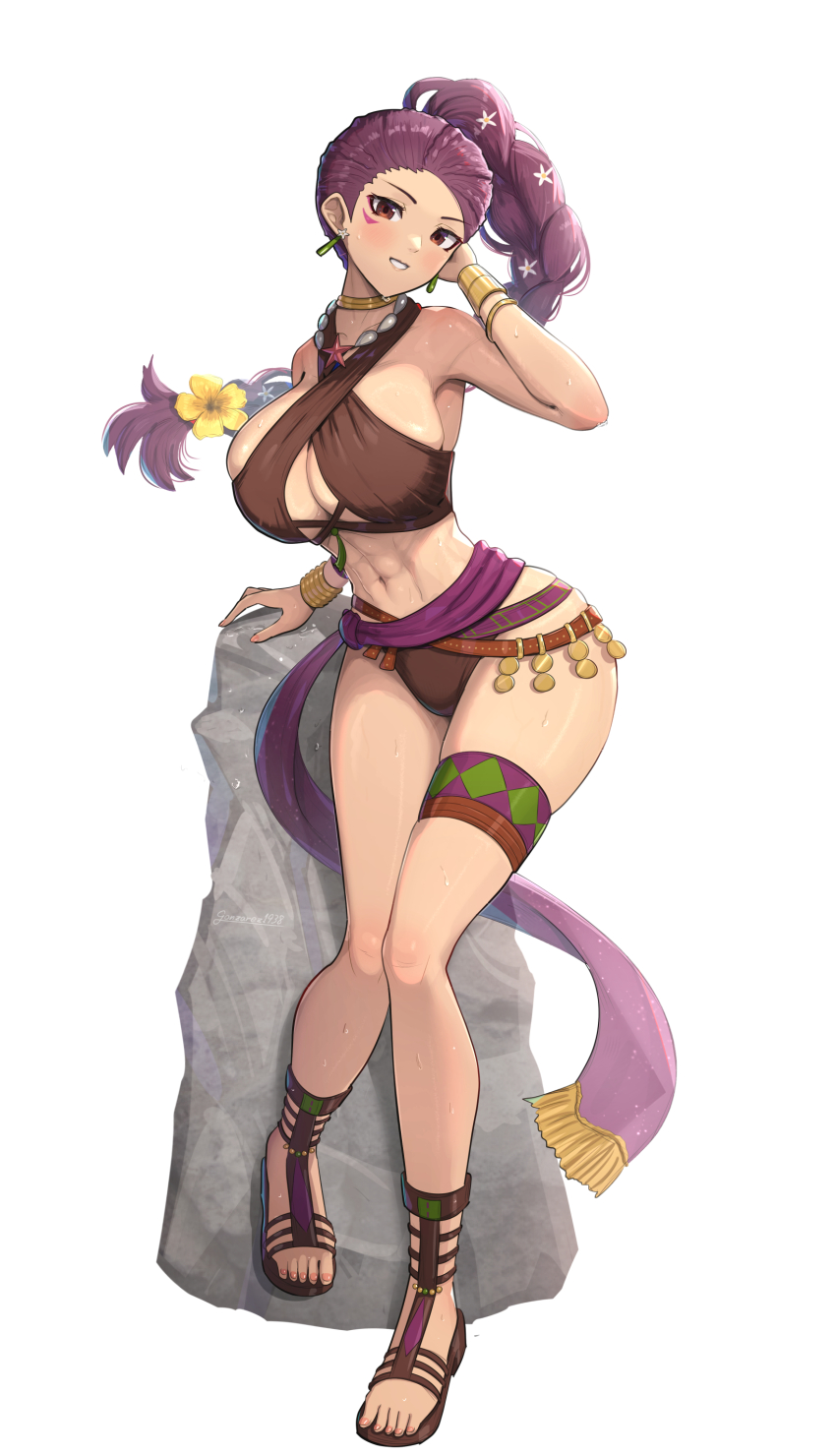 1girl, abs, absurdres, bikini, bracelet, breasts, brown_bikini, cleavage