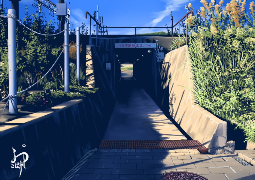 blue_sky, brick_floor, cloud, day, grass, manhole, no_humans, original