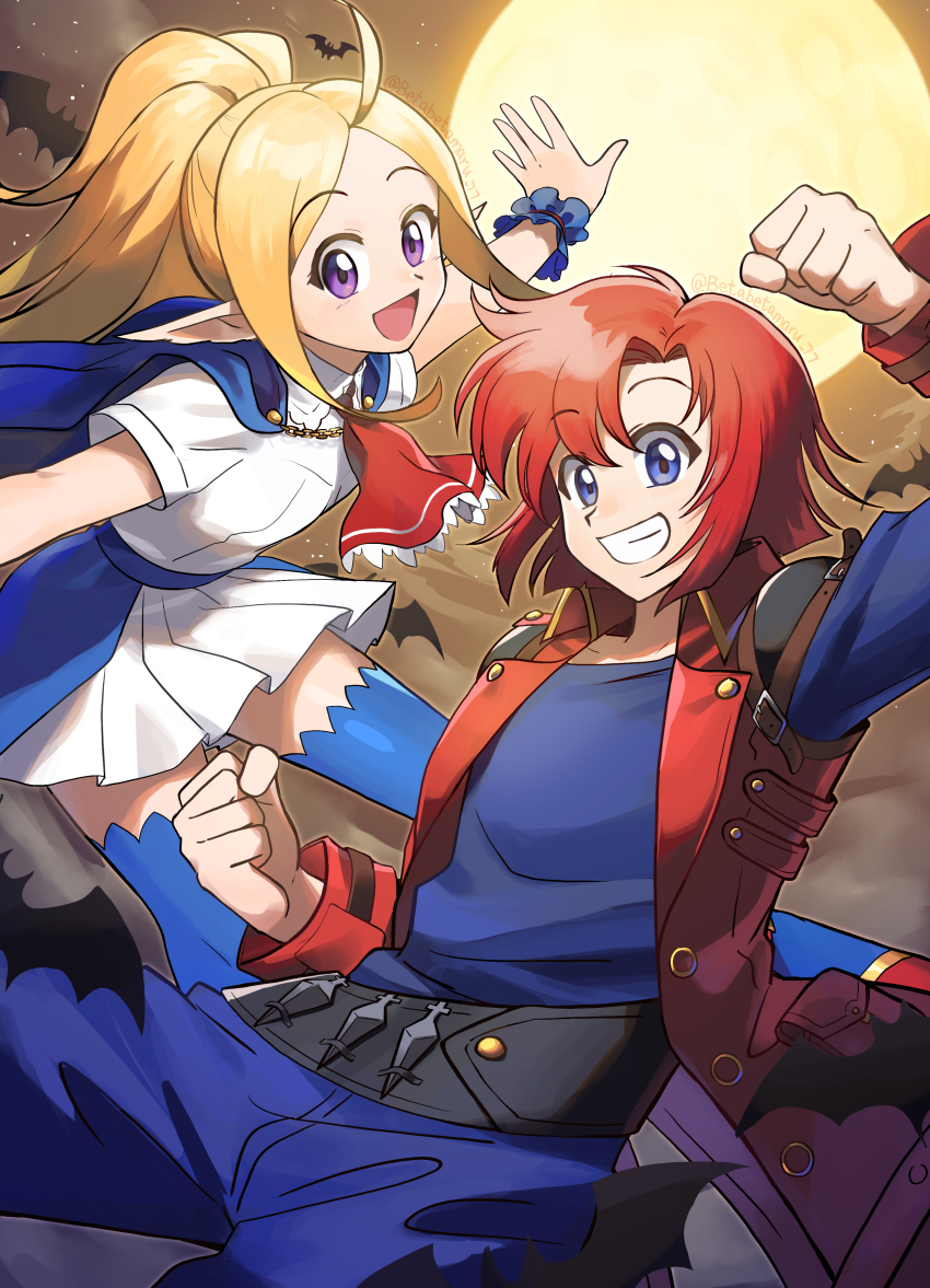 1boy, 1girl, absurdres, ascot, bat_(animal), betabetamaru, blonde_hair, blue_eyes