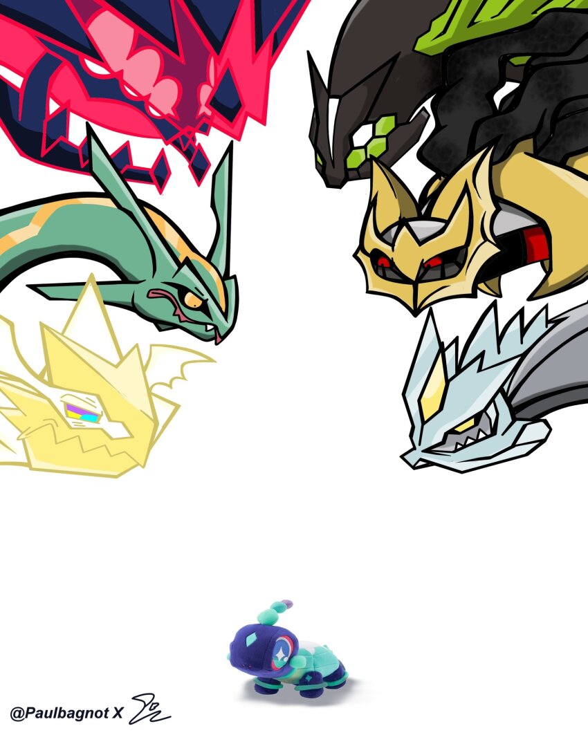 6+others, character_doll, disgust, doll, dragon, eternatus, fang, fangs, gen_3_pokemon, gen_4_pokemon, gen_5_pokemon, gen_6_pokemon, gen_7_pokemon, gen_8_pokemon, giratina, giratina_(origin), glowing, head_wings, highres, kyurem, legendary_pokemon, looking_at_another, multiple_others, necrozma, necrozma_(ultra), nintendo, no_humans, paulbagnot, pokemon, pokemon_(creature), rayquaza, serious, sharp_teeth, size_difference, skin_fang, stuffed_toy, teeth, terapagos, terapagos_(normal), trait_connection, white_background, wings, yellow_eyes, zygarde, zygarde_(50%)