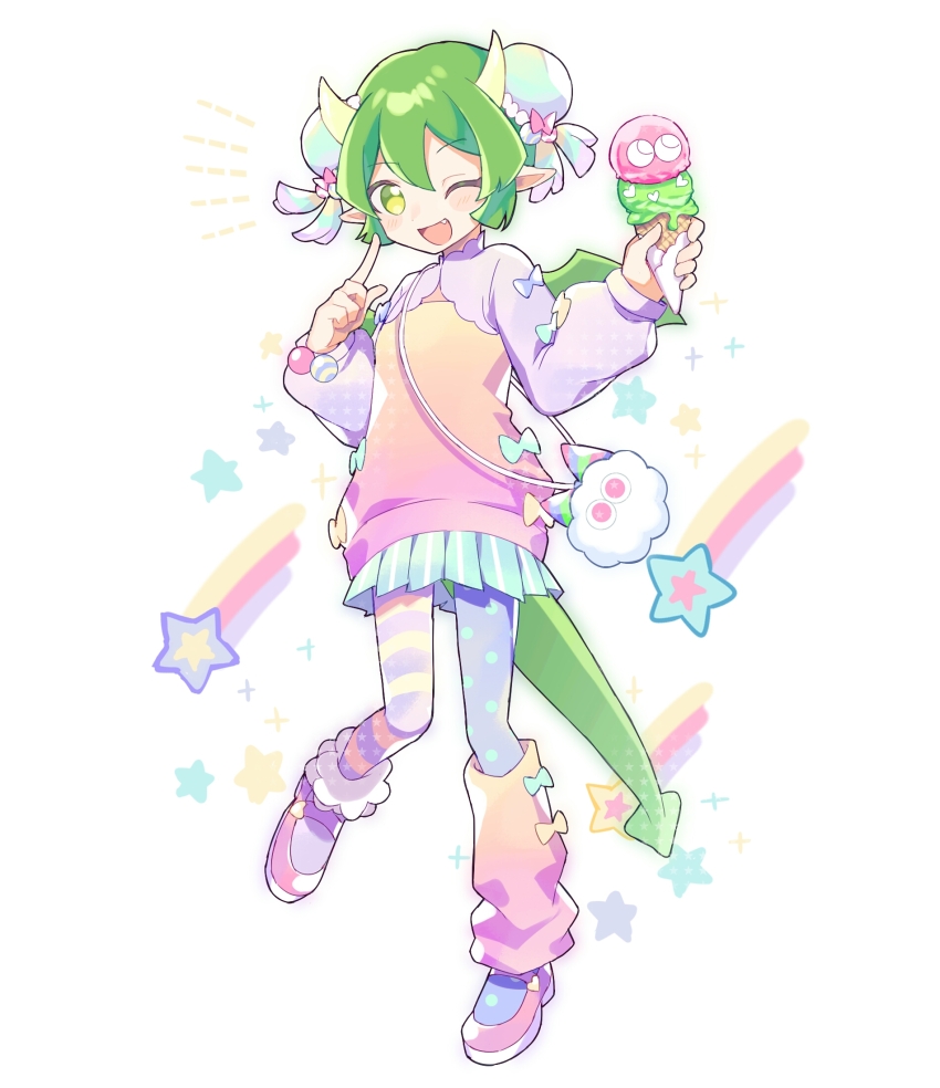 1girl, ;d, asymmetrical_legwear, bag, blue_skirt, bun_cover, doodle_inset, dot_nose, double-parted_bangs, draco_centauros, draco_centauros_(charmy), dragon_girl, elbow_on_own_hip, fairy_kei, fang, full_body, green_hair, green_tail, green_wings, hands_up, happy, highres, horns, index_finger_raised, iruiru_popopo, knee_up, leg_warmers, light_blush, long_sleeves, looking_at_viewer, mary_janes, mini_wings, miniskirt, no_pupils, official_alternate_costume, one_eye_closed, open_mouth, pantyhose, pigeon-toed, pink_leg_warmers, pink_shoes, pink_sweater, pleated_skirt, polka_dot, polka_dot_pantyhose, purple_pantyhose, purple_shrug, puyopuyo, puyopuyo_quest, shoes, short_hair, shoulder_bag, shrug_(clothing), simple_background, single_leg_warmer, skirt, smile, solo, standing, standing_on_one_leg, star_(symbol), striped_clothes, striped_pantyhose, striped_skirt, sweater, vertical-striped_clothes, vertical-striped_skirt, white_background, wings, yellow_horns, yume_kawaii