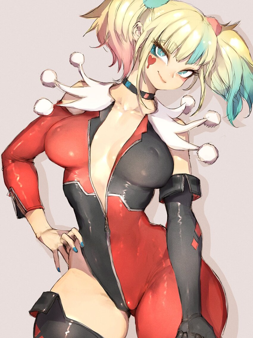 1girl, adapted_costume, batman_(series), blonde_hair, blue_eyes, blue_hair, breasts, cleavage