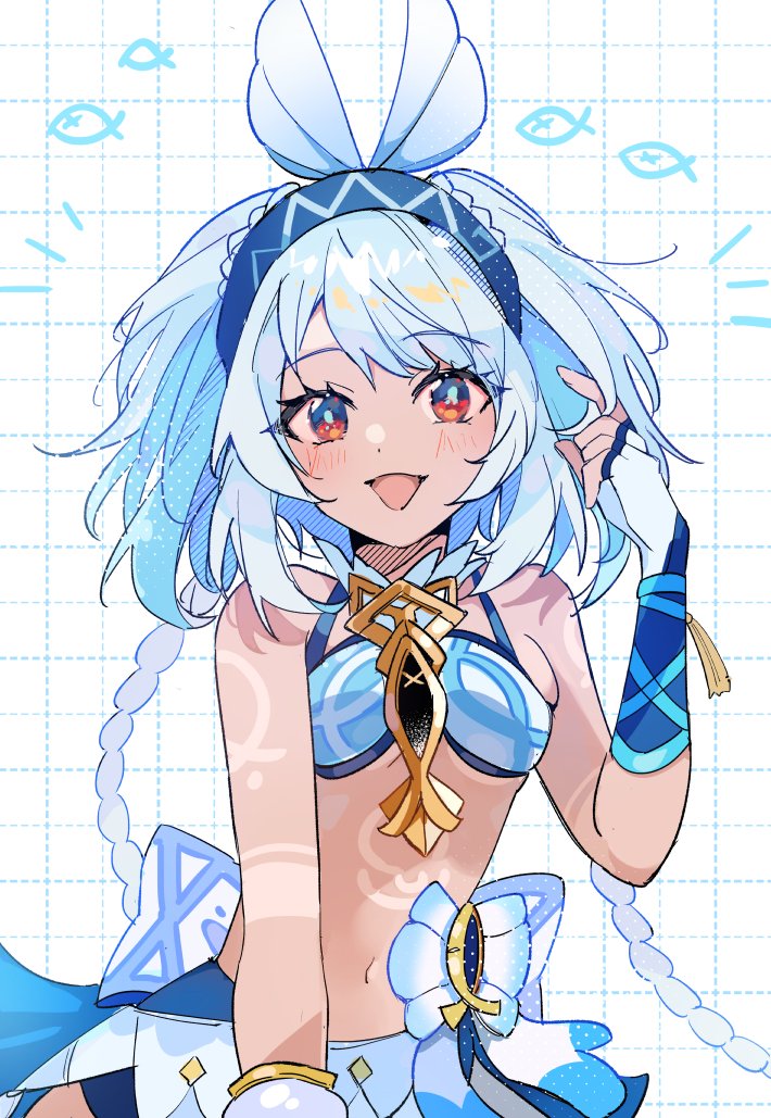 1girl, bare_shoulders, blue_hair, blue_hairband, bow, braid, breasts, crop_top