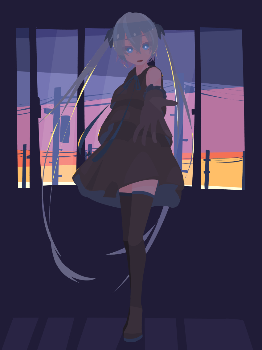 1girl, absurdres, black_boots, black_gloves, black_skirt, blue_ribbon, boots, bow