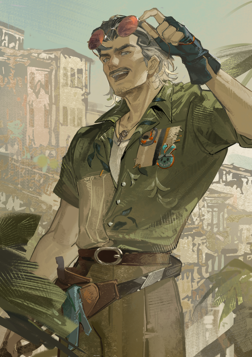 1boy, :d, absurdres, adjusting_eyewear, beard_stubble, belt, black_gloves, black_hair