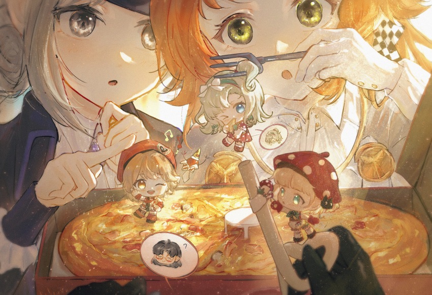 >_o, 1boy, 5girls, :o, ;d, ?, absurdres, backlighting