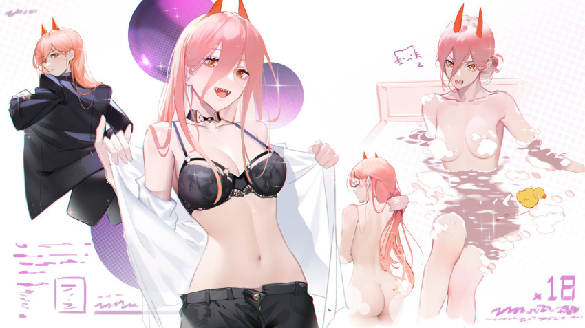 1girl, absurdres, alternate_costume, bare_back, bathing, black_bra, black_choker, black_jacket