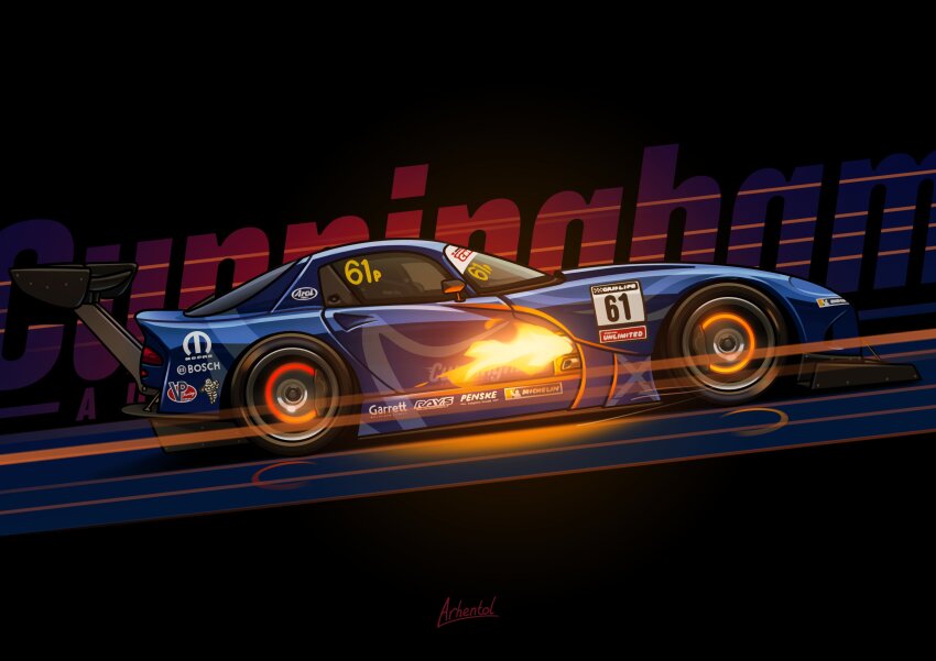 1girl, absurdres, arhentol, blue_car, car, commentary, dodge_(company), dodge_viper, driving, english_commentary, fire, from_side, gridlife, helmet, highres, michelin, michelin_man, motor_vehicle, original, race_vehicle, racecar, raelyn_cunningham_(arhentol), spoiler_(automobile), sponsor, vehicle_focus