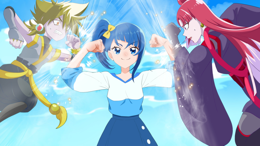 blocking, blonde_hair, blue_hair, commentary, earrings, highres, hirogaru_sky!_precure, in-franchise_crossover