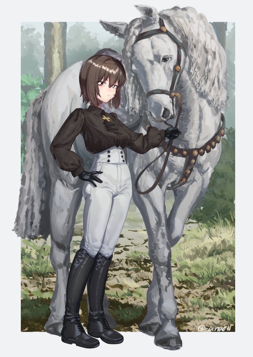 1girl, alternate_costume, artist_name, ascot, black_ascot, black_footwear, black_gloves, black_shirt