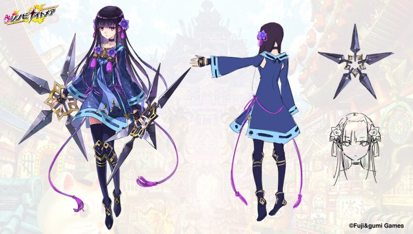 1girl, blue_dress, blue_footwear, blue_socks, blunt_bangs, reference_sheet, closed_mouth, dress, expressionless, flower, from_behind, full_body, hair_flower, hair_ornament, holding, holding_weapon, kikyou_(shinobi_nightmare), long_hair, looking_at_viewer, official_art, purple_eyes, purple_flower, purple_hair, second-party_source, shinobi_nightmare, socks, straight-on, thighhighs, tiptoes, weapon