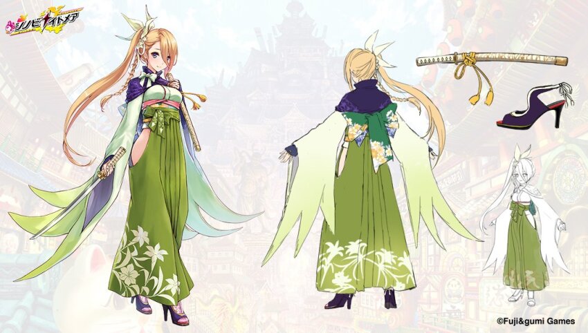 1girl, blonde_hair, blue_eyes, blurry, blurry_background, braid, reference_sheet, from_behind, full_body, green_kimono, green_skirt, hair_ornament, hakama, hakama_skirt, high_heels, holding, holding_sword, holding_weapon, japanese_clothes, katana, kimono, long_hair, looking_at_viewer, official_art, one_side_up, purple_footwear, rinzo, shinobi_nightmare, side_slit, skirt, straight-on, sword, weapon, yuri_(shinobi_nightmare)