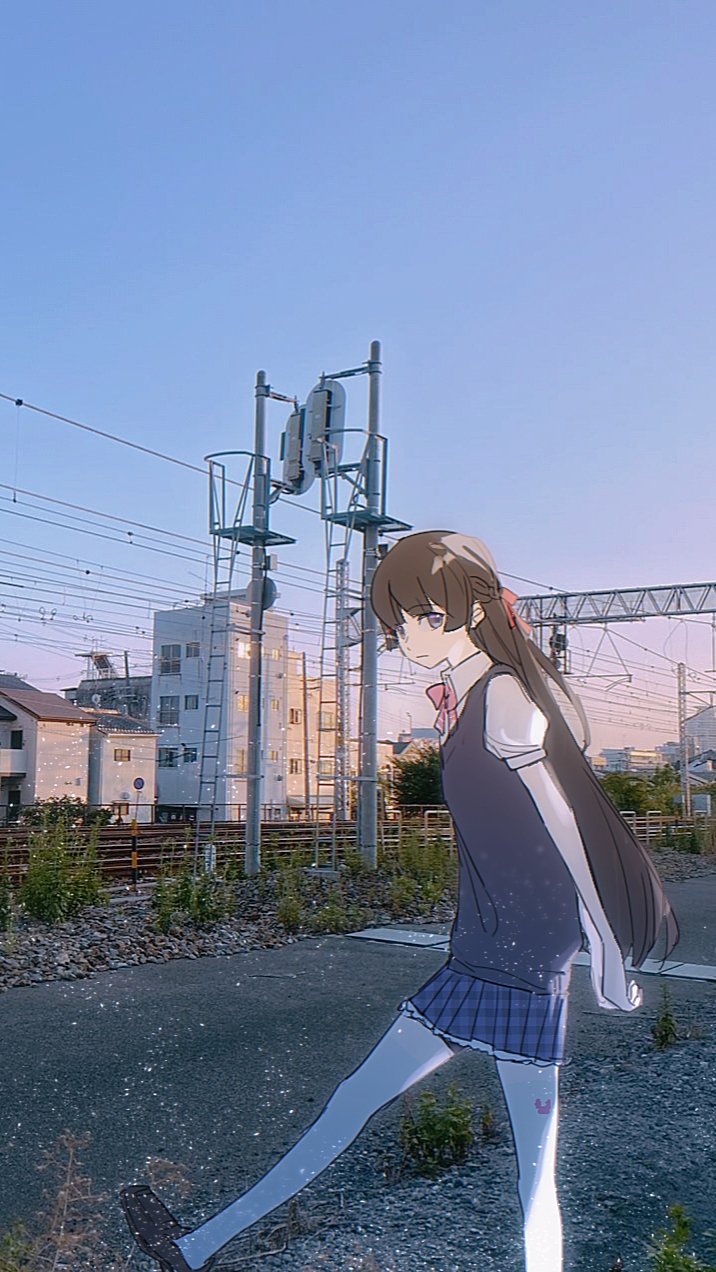 1girl, arms_behind_back, black_hair, black_sweater_vest, blue_skirt, blue_sky, building, bush