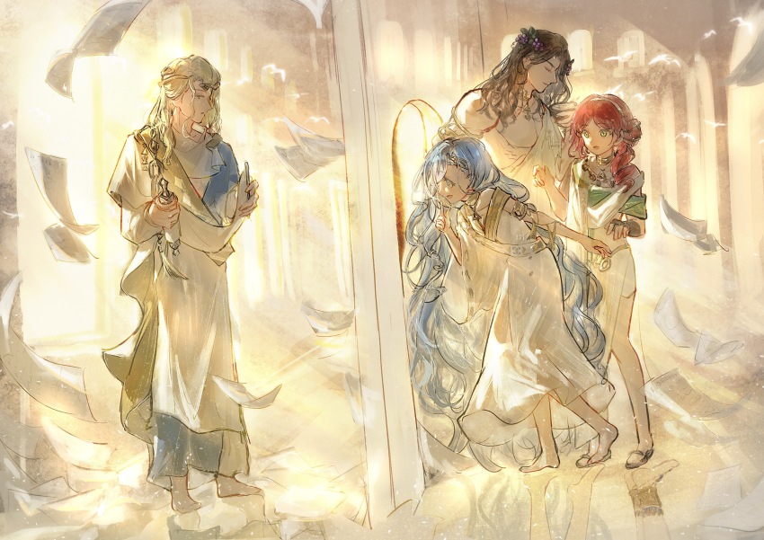210_(reverse:1999), 2boys, 2girls, 37_(reverse:1999), 6_(reverse:1999), :o, absurdres, ancient_greek_clothes, barefoot, blue_eyes, blue_hair, brown_hair, circlet, closed_eyes, flying_paper, food-themed_hair_ornament, grape_hair_ornament, greco-roman_clothes, green_eyes, hair_bun, hair_ornament, hand_up, highres, himation, holding, holding_scroll, index_finger_raised, indoors, long_hair, looking_at_another, mangxia_xiang_chi_mangguo, multiple_boys, multiple_girls, open_mouth, paper, profile, red_hair, reverse:1999, scroll, sidelighting, single_side_bun, sophia_(reverse:1999), standing, sunlight, toga, very_long_hair