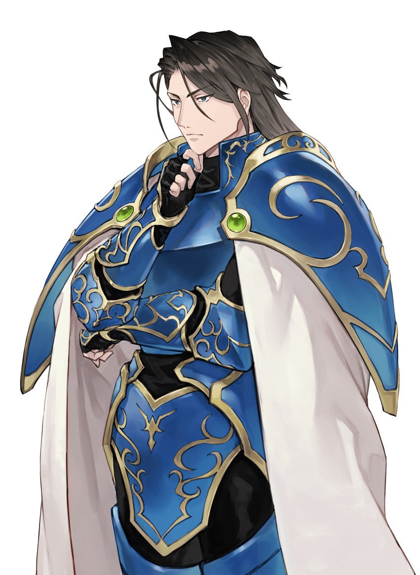 1boy, absurdres, armor, atelier_(series), atelier_marie, benitama, black_bodysuit, black_hair, blue_eyes, bodysuit, breastplate, closed_mouth, couter, elbow_pads, enderk_yard, faulds, hand_on_own_chin, highres, long_hair, male_focus, official_art, pauldrons, shoulder_armor, simple_background, solo, standing, transparent_background, vambraces