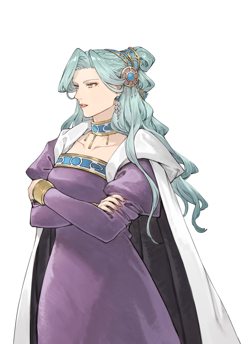 1girl, absurdres, atelier_(series), atelier_marie, benitama, blue_eyes, blue_hair, cape, collarbone, crossed_arms, dress, earrings, hair_intakes, hair_ornament, half_updo, heterochromia, highres, ingrid_(atelier), jewelry, juliet_sleeves, long_hair, long_sleeves, mature_female, official_art, parted_lips, puffy_sleeves, purple_dress, red_lips, simple_background, solo, standing, transparent_background, yellow_eyes