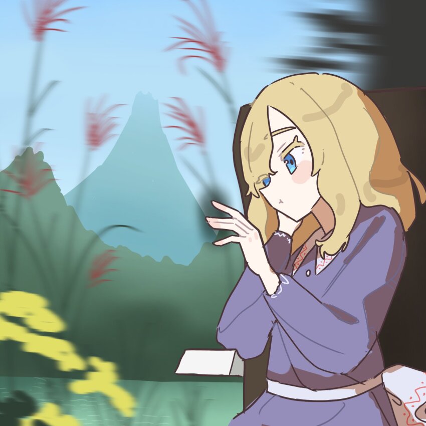 1girl, blonde_hair, blue_eyes, blush_stickers, bow, clear_sky, dress, flower