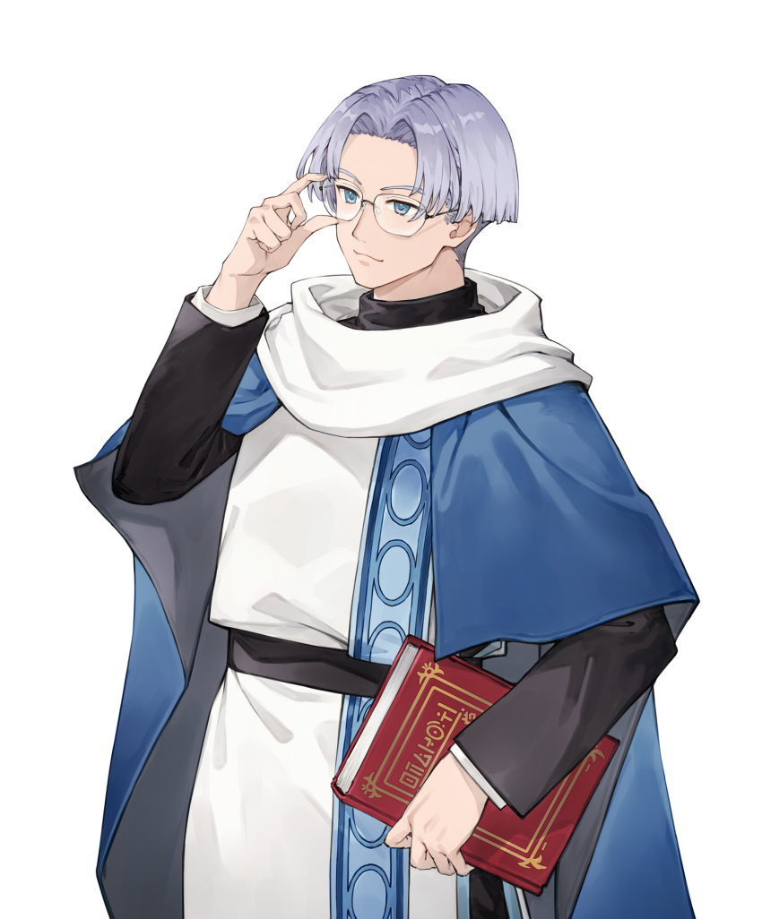 1boy, adjusting_eyewear, atelier_(series), atelier_marie, benitama, blue_eyes, book, closed_mouth