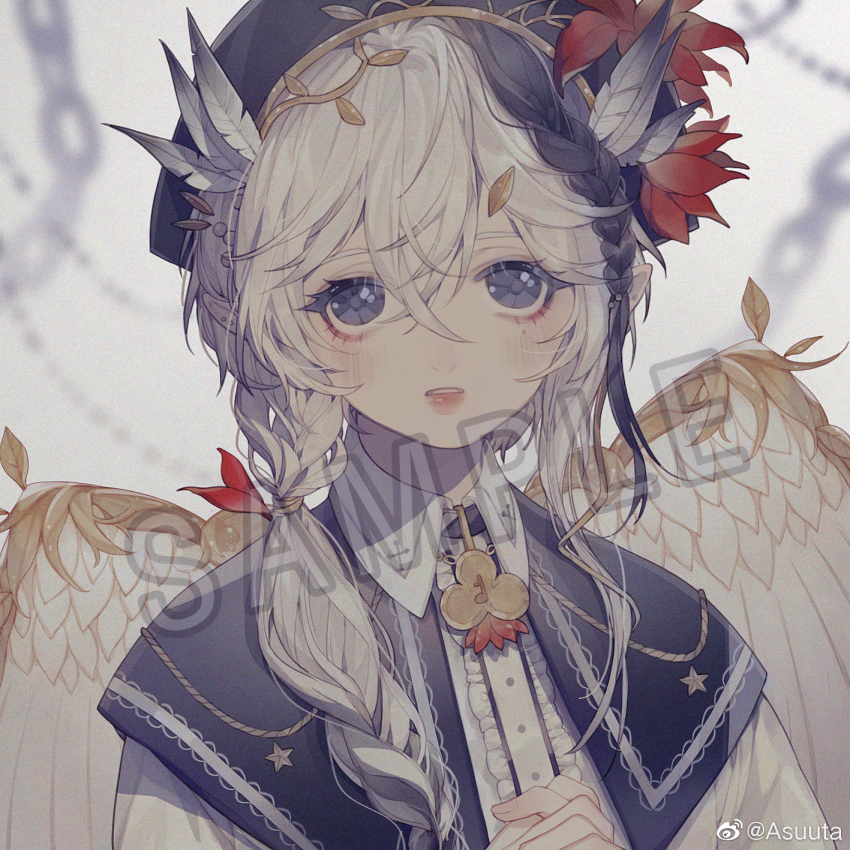 1girl, angel_wings, asuuta, asymmetrical_hair, beret, black_capelet, black_hair, blue_hat