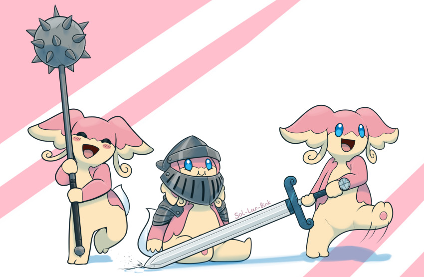 armor, artist_name, audino, blue_eyes, blush, closed_eyes, gen_5_pokemon, greatsword