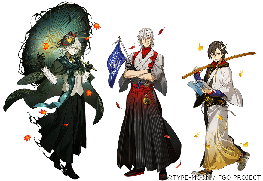 3boys, antonio_salieri_(fate), antonio_salieri_(kyomaf_2024)_(fate), antonio_salieri_(second_ascension)_(fate), ascot, autumn_leaves, belt, black_belt, black_gloves, black_hakama, black_kimono, black_mask, black_shoes, black_skirt, black_socks, bokken, book, brown_hair, chain, chaldea_logo, closed_mouth, coat, coat_on_shoulders, collared_shirt, copyright_notice, crossed_arms, drawstring, edmond_dantes_(fate), edmond_dantes_(kyomaf_2024)_(fate), falling_leaves, fate/grand_order, fate_(series), flag, fox_mask, full_body, ginkgo_leaf, gloves, gradient_hakama, green_ascot, green_coat, green_scarf, grey_hair, grey_kimono, hair_between_eyes, hair_intakes, hakama, hand_up, holding, holding_book, holding_flag, holding_umbrella, hood, hood_down, hooded_kimono, japanese_clothes, kaworu_(kaw_lov), kimono, leaf, long_skirt, long_sleeves, looking_at_viewer, male_focus, mandricardo_(fate), mandricardo_(kyomaf_2024)_(fate), maple_leaf, mask, mask_on_head, multicolored_hair, multiple_boys, official_alternate_costume, official_art, oil-paper_umbrella, open_book, open_mouth, pinstripe_pattern, red_ascot, red_eyes, red_hakama, red_sandals, sandals, scarf, shirt, shoes, short_hair, simple_background, skirt, sleeves_rolled_up, smile, sneakers, socks, standing, sword, tabi, tassel, tasuki, two-tone_hair, two-tone_kimono, umbrella, wavy_hair, weapon, white_background, white_hair, white_kimono, white_shirt, white_shoes, wide_sleeves, wing_collar, wooden_sword, yellow_eyes, zouri