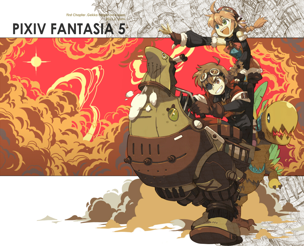 1boy, 1girl, bad_id, bad_pixiv_id, brown_hair, creature, dust, eyepatch, gloves, goggles, grin, heterochromia, machine, original, pixiv_fantasia, pixiv_fantasia_5, riding, short_hair, smile, steampunk, twintails, yumi_(yupopi)