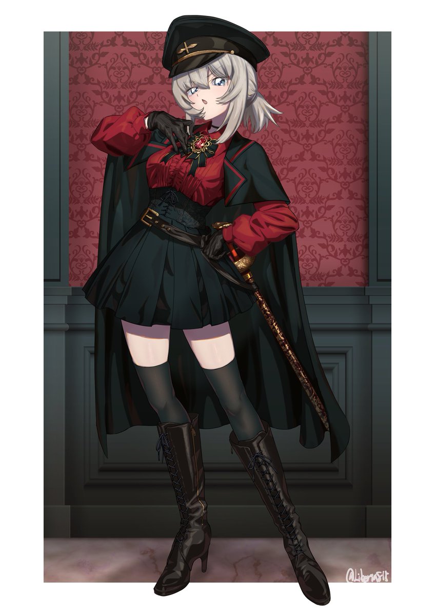 1girl, black_cape, black_skirt, black_thighhighs, blue_eyes, boots, cape, girls_und_panzer