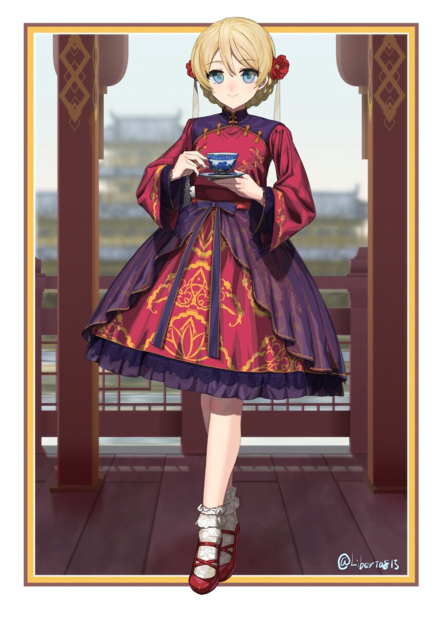 1girl, absurdres, blonde_hair, blue_eyes, braid, braided_bun, chinese_clothes, crossed_legs