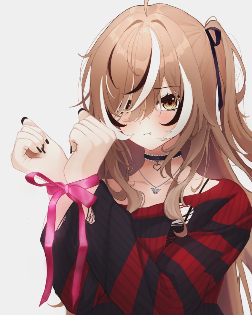 1girl, absurdres, ahoge, black_choker, black_hair, black_nails, black_ribbon, black_sweater