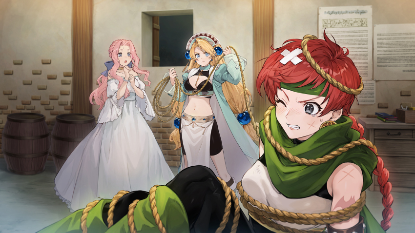 3girls, atelier_(series), atelier_marie, benitama, black_shorts, blonde_hair, blue_eyes, blush, bound, bow, breasts, cleavage, clenched_teeth, closed_mouth, coat, dress, earrings, facial_mark, flea_schenk, furrowed_brow, green_coat, green_headband, green_scarf, hair_bow, hair_ornament, hands_up, headband, highres, holding, holding_rope, indoors, jewelry, loincloth, long_hair, long_sleeves, looking_at_another, low-tied_long_hair, marlone, medium_breasts, multiple_girls, natalie_kohdelia, navel, official_art, one_eye_closed, open_mouth, pain, paper, pink_hair, red_hair, rope, scarf, shorts, sphere_hair_ornament, standing, sweatdrop, tearing_up, teeth, tied_up_(nonsexual), white_dress, wide_sleeves, window