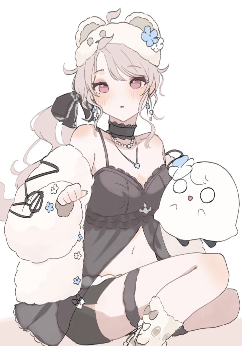 1girl, ahoge, babydoll, black_babydoll, black_choker, blush, breasts, choker, dolphin_shorts, earrings, edage_18, fur_hat, fur_jacket, grey_hair, hat, highres, jacket, jewelry, navel, necklace, nijisanji, nijisanji_en, off_shoulder, parted_lips, phantomo_(reimu_endou), red_eyes, reimu_endou, reimu_endou_(4th_costume), shorts, small_breasts, socks, stomach, strap_slip, virtual_youtuber