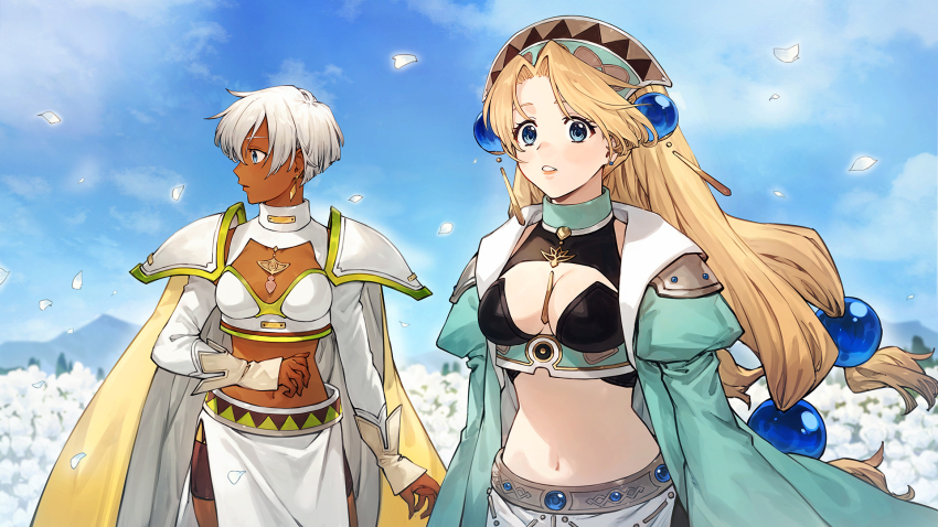 2girls, armor, atelier_(series), atelier_marie, benitama, blonde_hair, blue_eyes, blue_sky