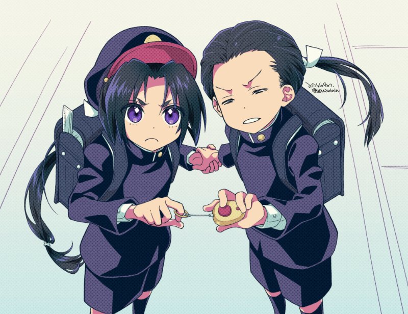 +_+, 2boys, backpack, bag, ben-day_dots, black_hair, black_jacket, black_shorts