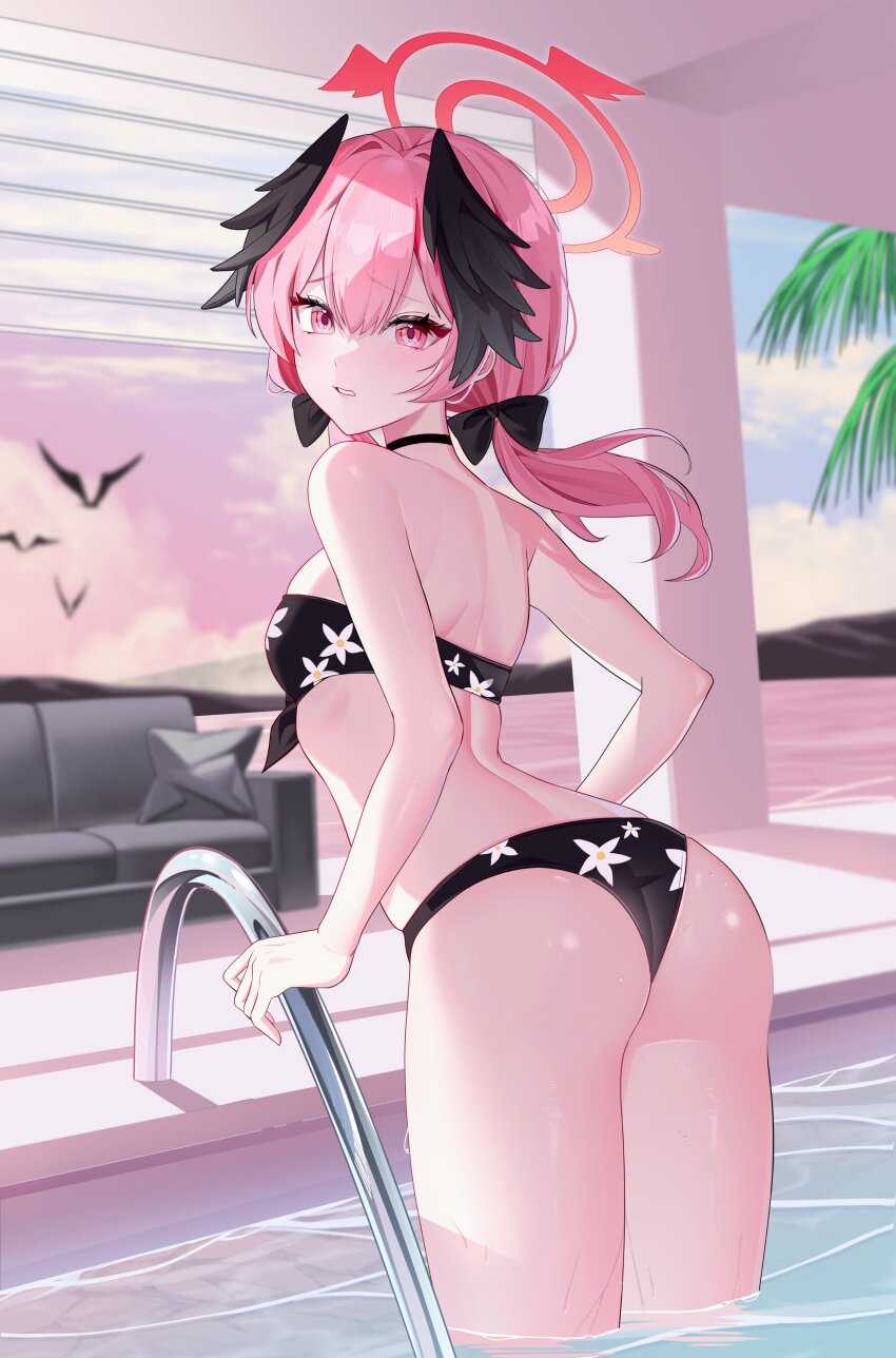 1girl, absurdres, aqua74286, ass, back, bare_legs, bare_shoulders, bikini