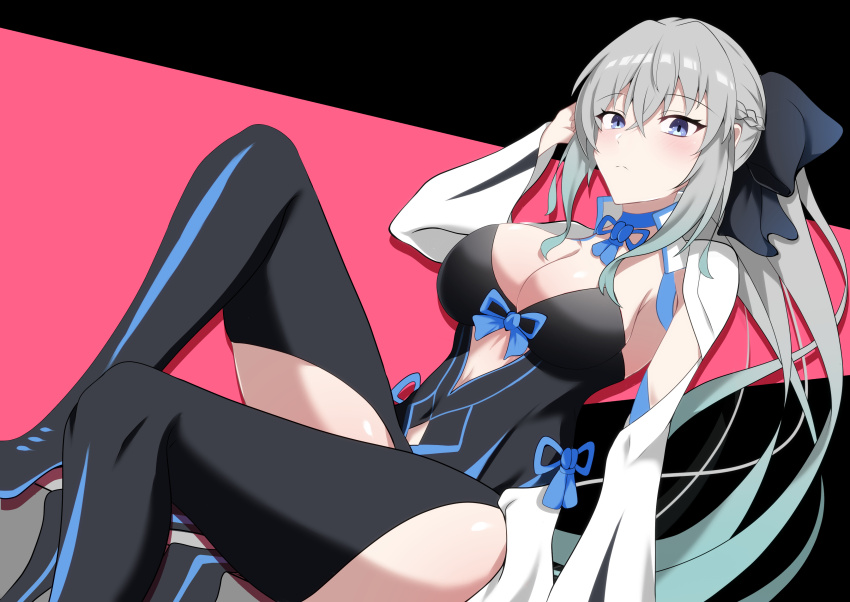 1girl, absurdres, black_bow, black_dress, blue_choker, blue_eyes, blush, bow