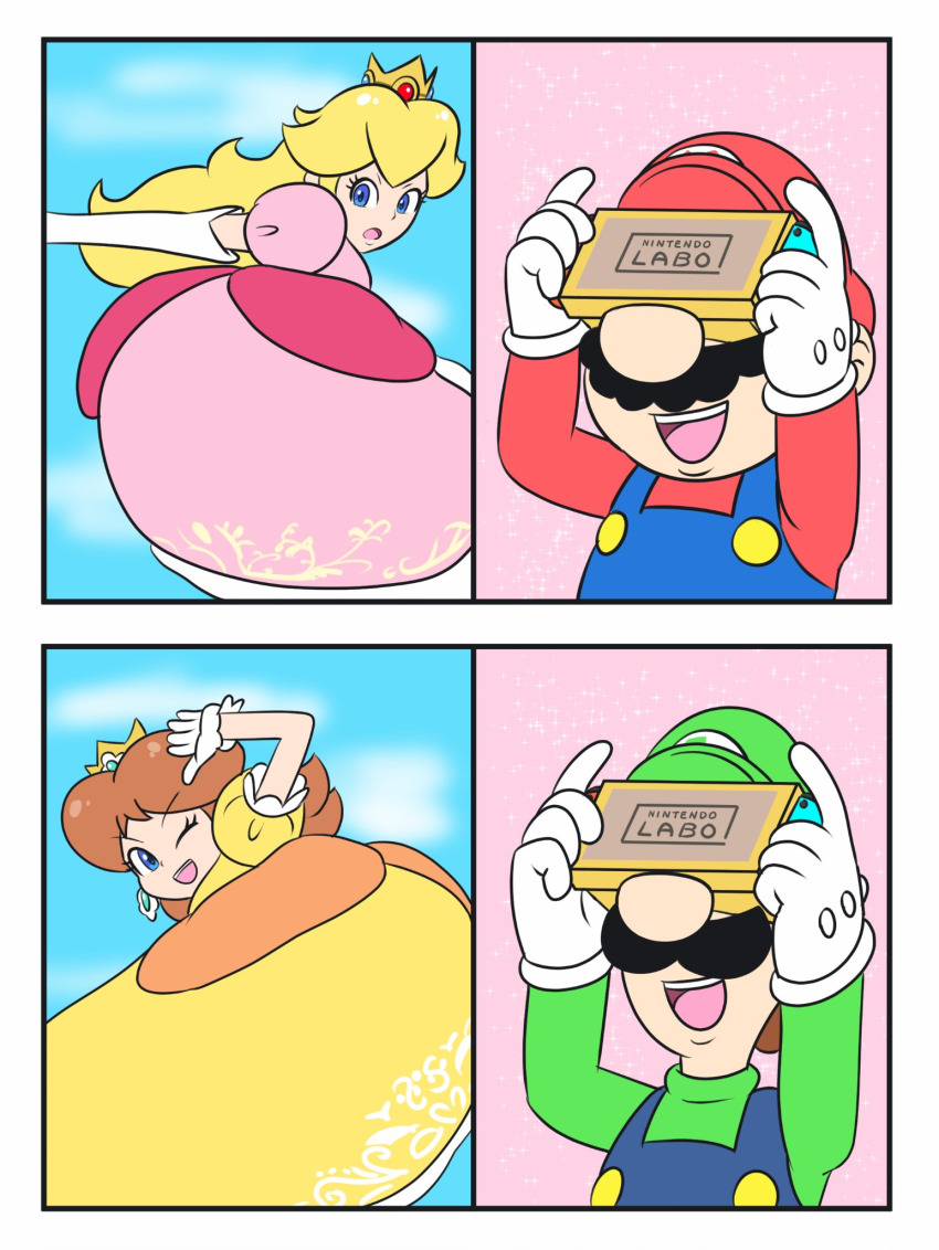 2boys, 2girls, 2koma, :o, ;d, ass, ass_focus, attack