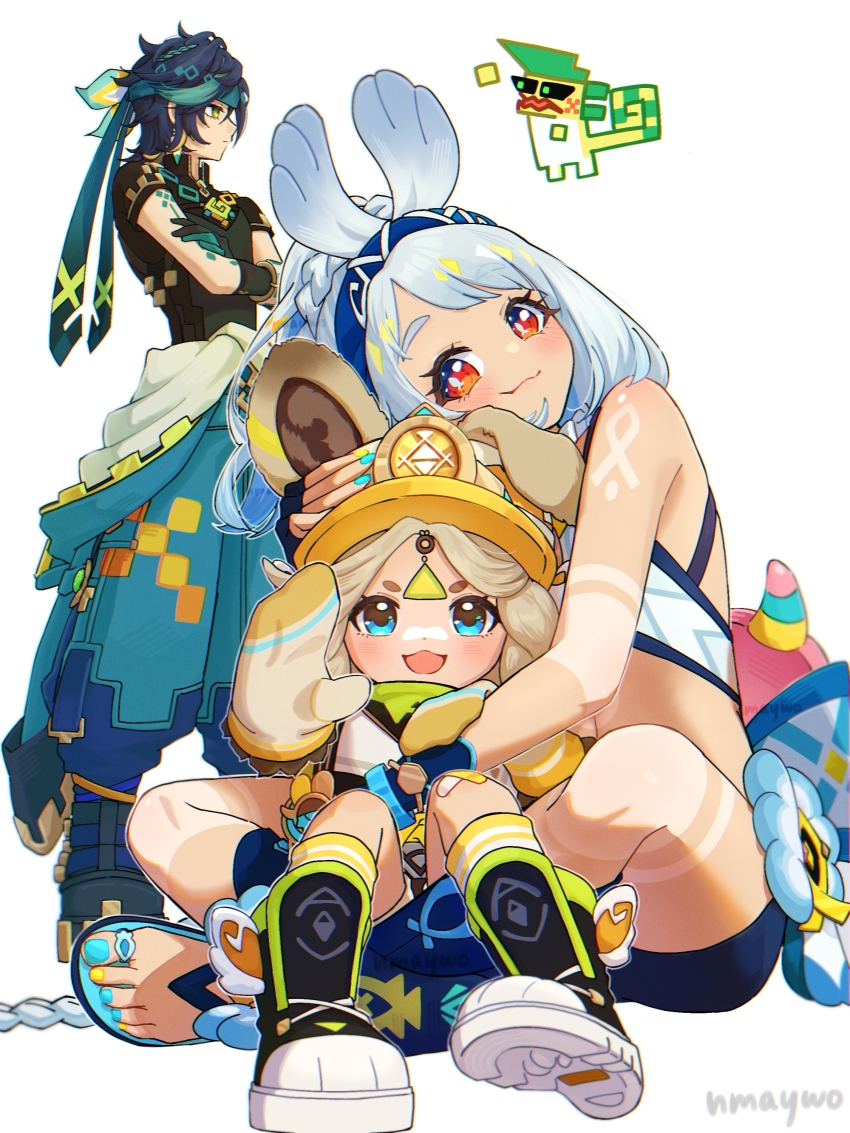 1boy, 2girls, absurdres, ajaw_(genshin_impact), animal_ears, bare_shoulders, black_hair, blonde_hair