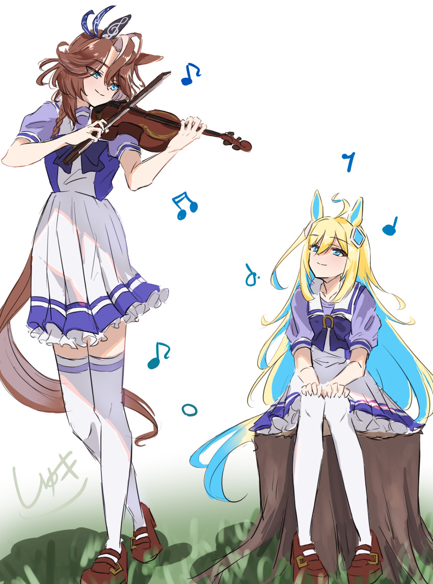 2girls, absurdres, ahoge, animal_ears, blonde_hair, blue_eyes, blue_hair, bow